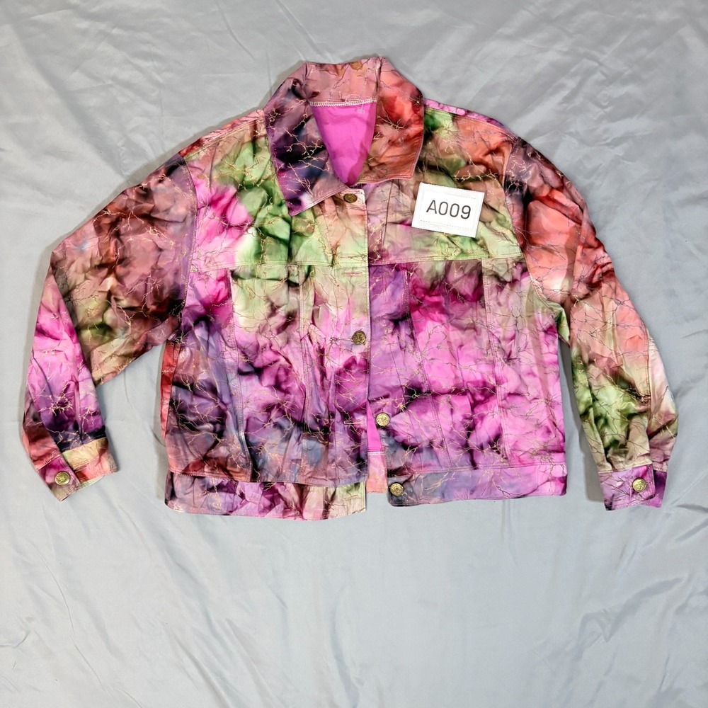 Tie Dye Batik Gold Crackle Jean Jacket Multicolor Womens L Button Front Festival